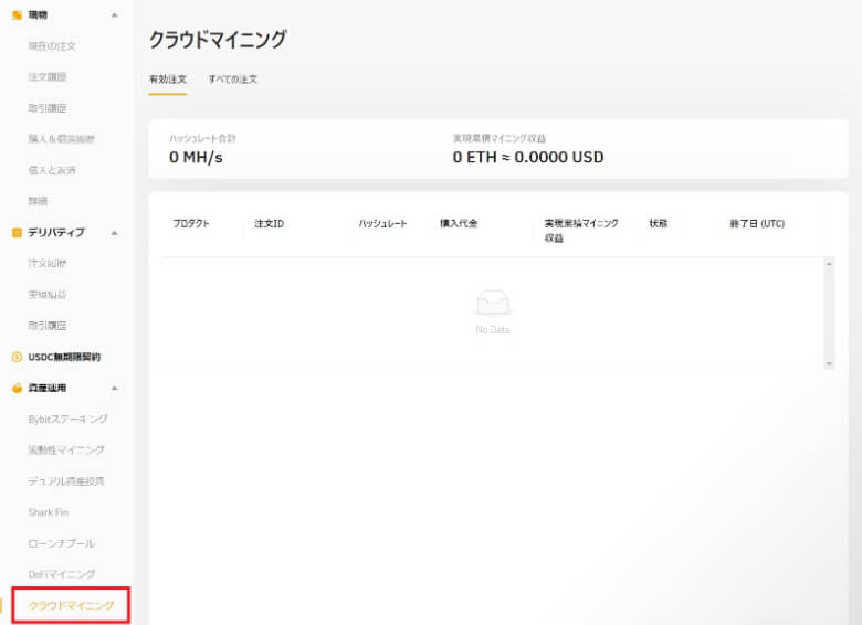 資産運用アカウントのクラウドマイニング履歴